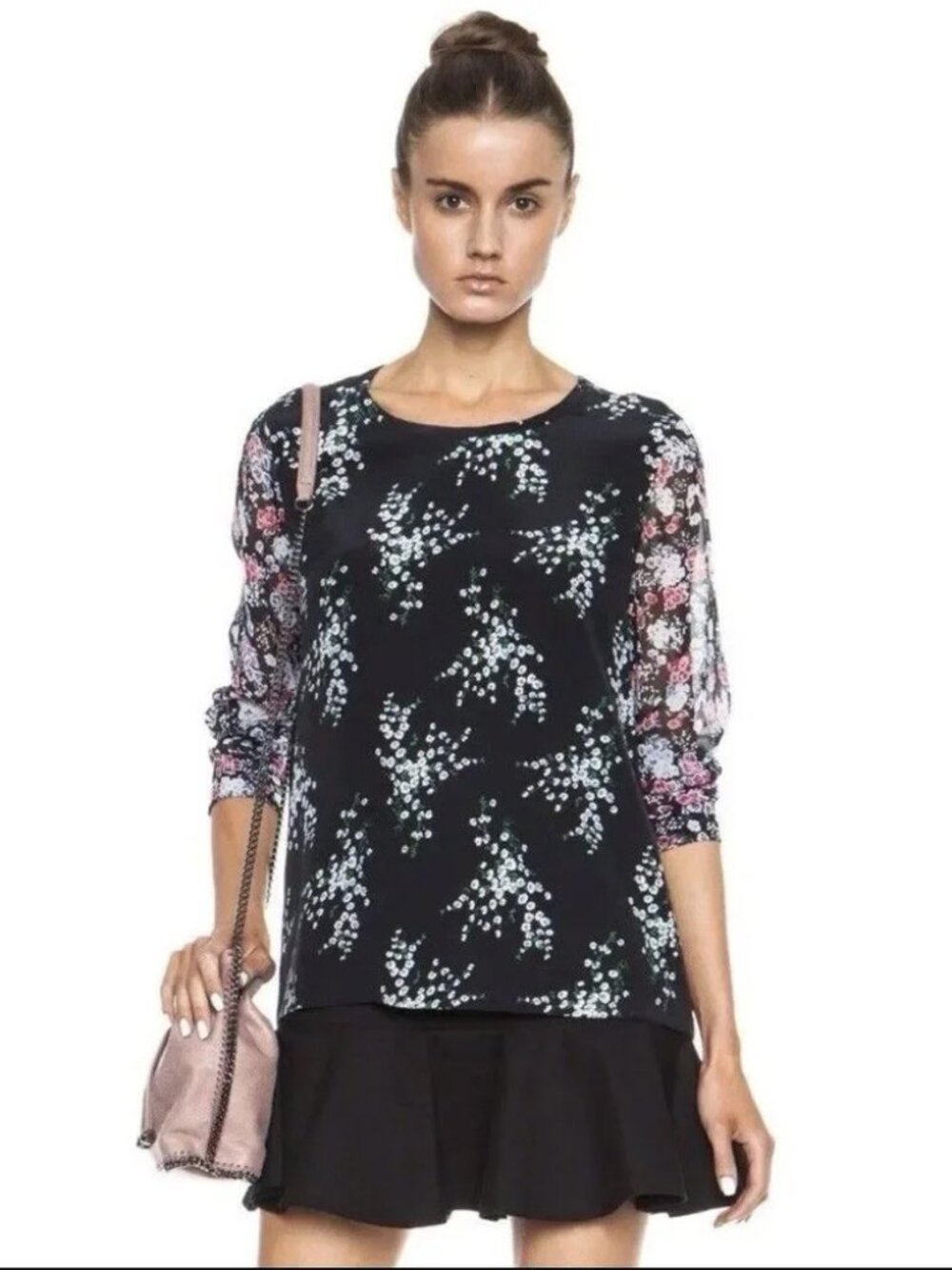 Equipment Black Pink Floral Silk Sheer Long Sleeve Top
